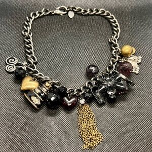 Vtg Tutti Frutti Necklace Silver tone W/ Charms, Hearts Beads Flower Gold Tassel